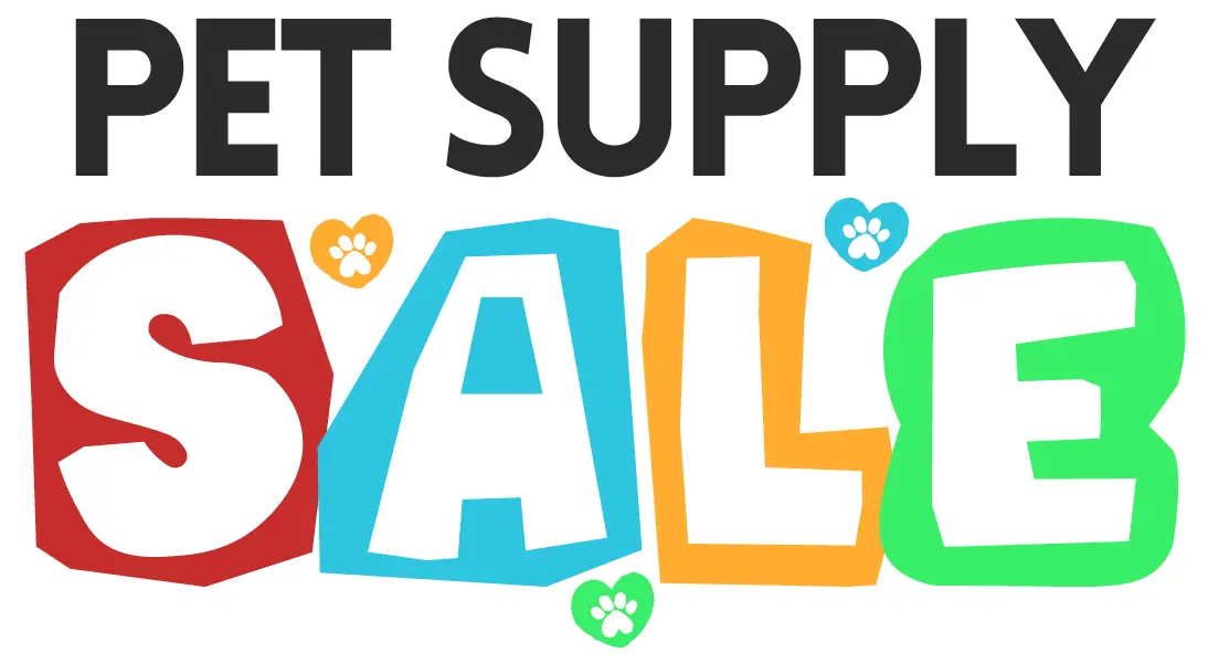 The text 'Pet Supply Sale' in bright colors, surrounded by hearts with paw prints in the center.